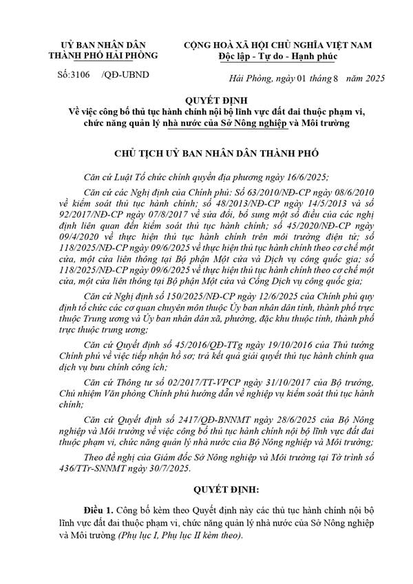 Công bố thủ tục hành chính nội bộ lĩnh vực đất đai thuộc phạm vi, chức năng quản lý nhà nước của Sở Nông nghiệp và Môi trường.