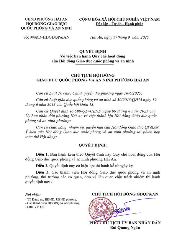 QUYẾT ĐỊNH
Về việc ban hành Quy chế họat động
của Hội đồng Giáo dục quốc phòng và an ninh
