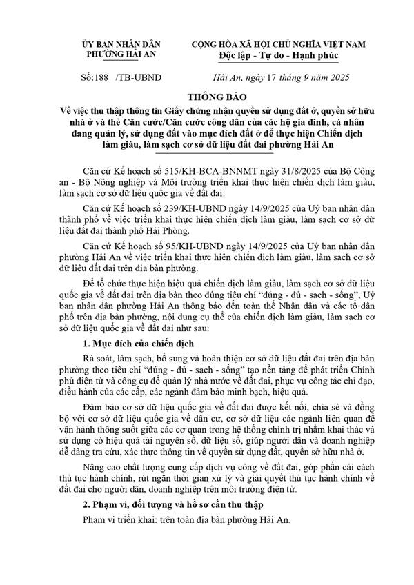THÔNG BÁO
Về việc thu thập thông tin Giấy chứng nhận quyền sử dụng đất ở, quyền sở hữu
nhà ở và thẻ Căn cước/Căn cước công dân của các hộ gia đình, cá nhân
đang quản lý, sử dụng đất vào mục đích đất ở để thực hiện Chiến dịch
làm giàu, làm sạch cơ sở dữ liệu đất đai phường Hải An