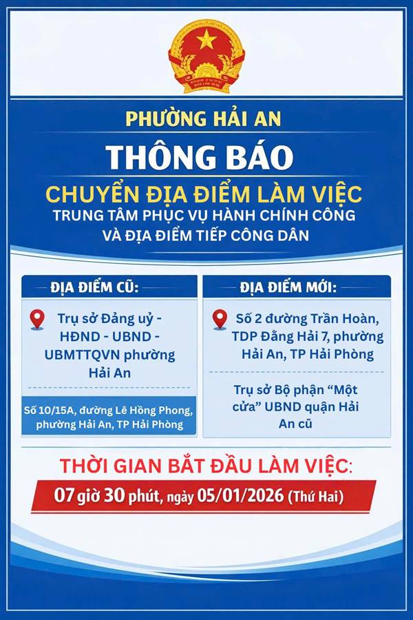 Ủy ban nhân dân phường Hải An trân trọng thông báo chuyển địa điểm làm việc của Trung tâm Phục vụ hành chính công và địa điểm Tiếp công dân, cụ thể như sau:
