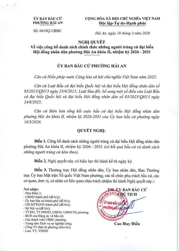 CÔNG BỐ DANH SÁCH NHỮNG NGƯỜI TRÚNG CỬ ĐẠI BIỂU HĐND PHƯỜNG HẢI AN KHOÁ II, NHIỆM KỲ 2026-2031.