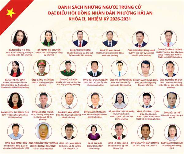 DANH SÁCH NHỮNG NGƯỜI TRÚNG CỬ ĐẠI BIỂU HĐND PHƯỜNG HẢI AN KHOÁ II, NHIỆM KỲ 2026-2031.