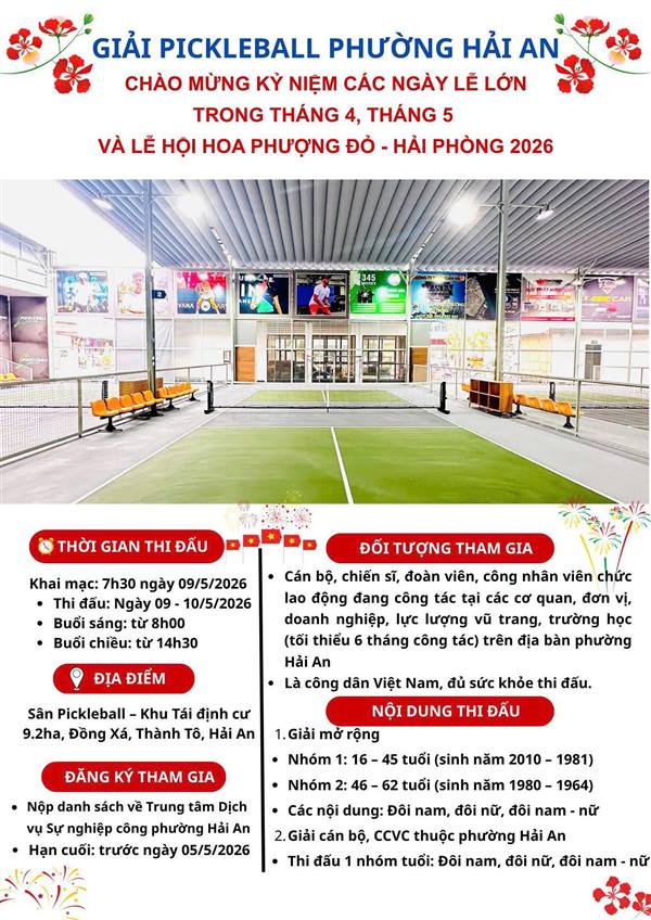 Thông báo tổ chức giải Pickleball phường Hải An chào mừng kỷ niệm các ngày lễ lớn trong tháng 4, tháng 5 và Lễ hội Hoa Phượng Đỏ - Hải Phòng 2026
