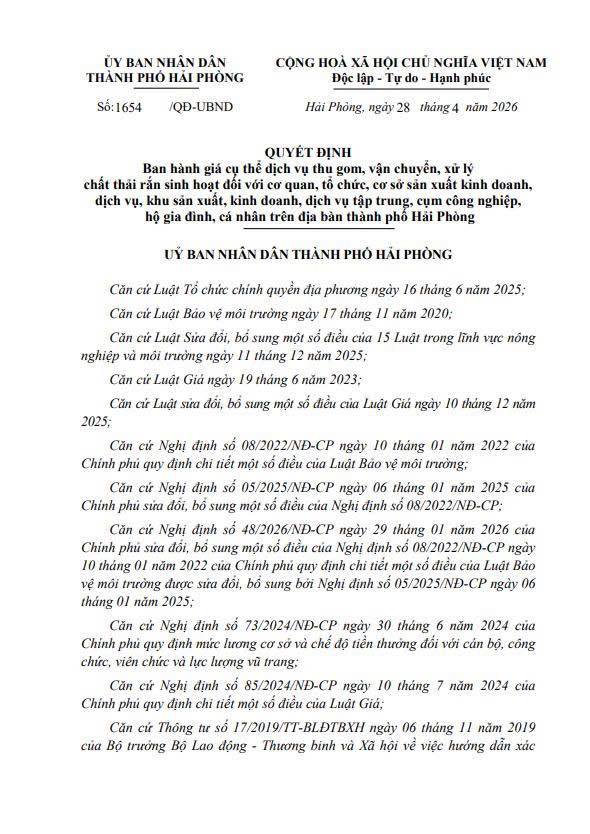 Quyết định của Ủy ban nhân dân Thành phố về việc ban hành giá cụ thể dịch vụ thu gom, vận chuyển, xử lý chất thải rắn sinh hoạt đối với cơ quan, tổ chức, cơ sở sản xuất kinh doanh, dịch vụ, hộ gia đình, cá nhân trên địa bàn thành phố