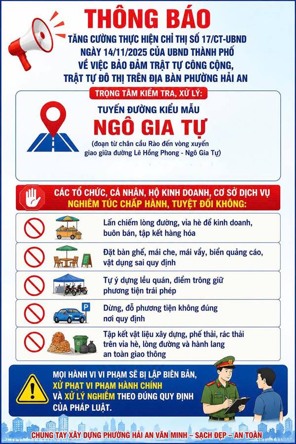THÔNG BÁO TĂNG CƯỜNG THỰC HIỆN CHỈ THỊ SỐ 17/CT-UBND NGÀY 14/11/2025 CỦA UBND THÀNH PHỐ VỀ VIỆC  BẢO ĐẢM TRẬT TỰ CÔNG CỘNG, TRẬT TỰ ĐÔ THỊ TRÊN ĐỊA BÀN PHƯỜNG HẢI AN