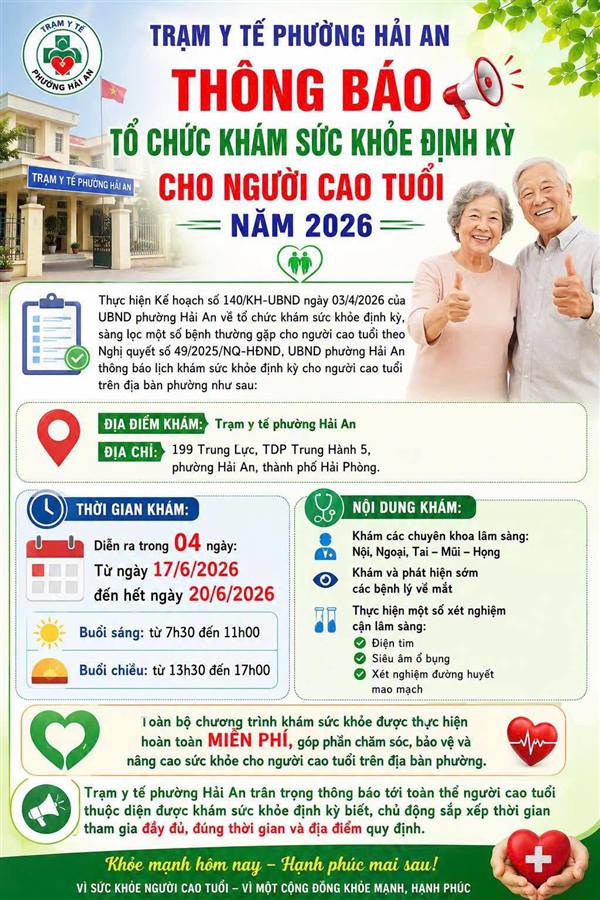 TRẠM Y TẾ PHƯỜNG HẢI AN THÔNG BÁO TỔ CHỨC KHÁM SỨC KHỎE ĐỊNH KỲ CHO NGƯỜI CAO TUỔI  NĂM 2026