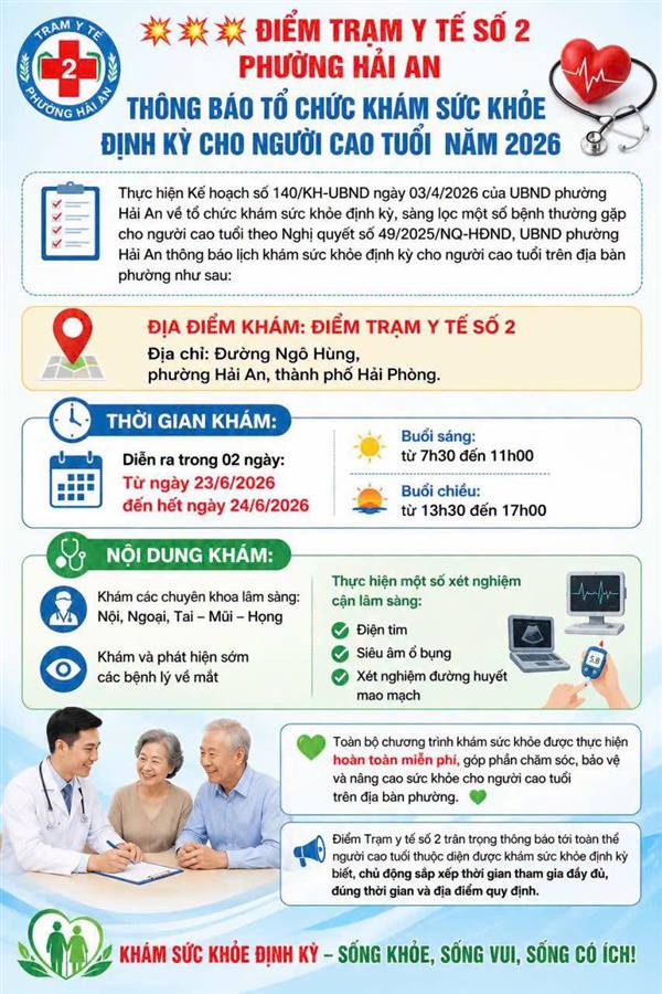 ĐIỂM TRẠM Y TẾ SỐ 2 PHƯỜNG HẢI AN THÔNG BÁO TỔ CHỨC KHÁM SỨC KHỎE ĐỊNH KỲ CHO NGƯỜI CAO TUỔI  NĂM 2026