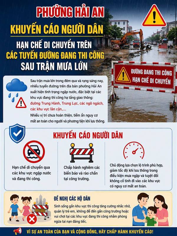 PHƯỜNG HẢI AN KHUYẾN CÁO NGƯỜI DÂN HẠN CHẾ DI CHUYỂN TRÊN  CÁC TUYẾN ĐƯỜNG ĐANG THI CÔNG SAU TRẬN MƯA LỚN