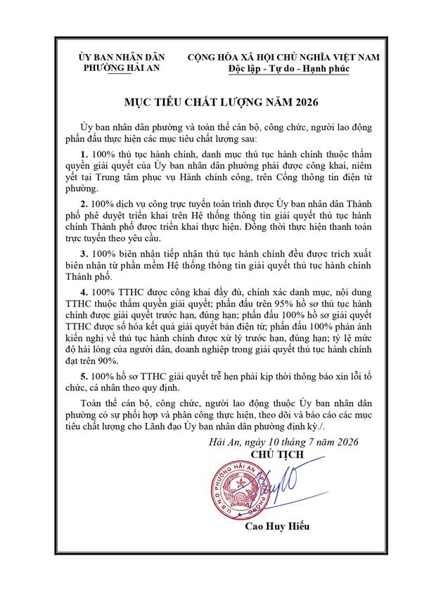 Mục tiêu chất lượng và Kế hoạch thực hiện mục tiêu chất lượng ISO 9001:2015 của UBND phường năm 2026
