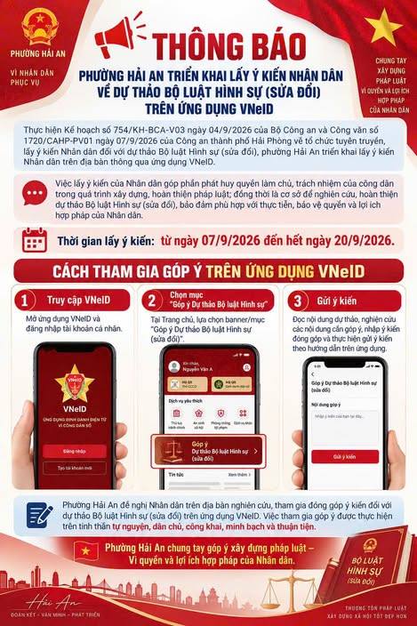 THÔNG BÁO: PHƯỜNG HẢI AN TRIỂN KHAI LẤY Ý KIẾN NHÂN DÂN VỀ DỰ THẢO BỘ LUẬT HÌNH SỰ (SỬA ĐỔI) TRÊN ỨNG DỤNG VNeID 