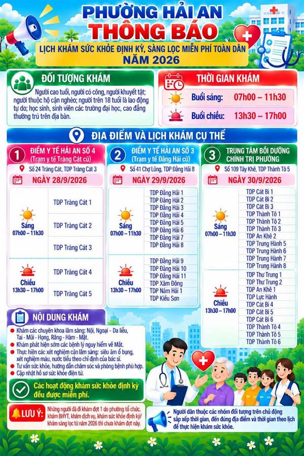 PHƯỜNG HẢI AN THÔNG BÁO LỊCH KHÁM SỨC KHỎE ĐỊNH KỲ, SÀNG LỌC MIỄN PHÍ TOÀN DÂN NĂM 2026