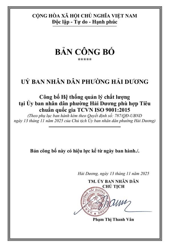 Quyết định số 787/QĐ-UBND ngày 13/11/2025 của UBND phường Hải Dương về việc công bố Hệ thống Quản lý chất lượng phù hợp với Tiêu chuẩn quốc gia TCVN ISO 9001:2025