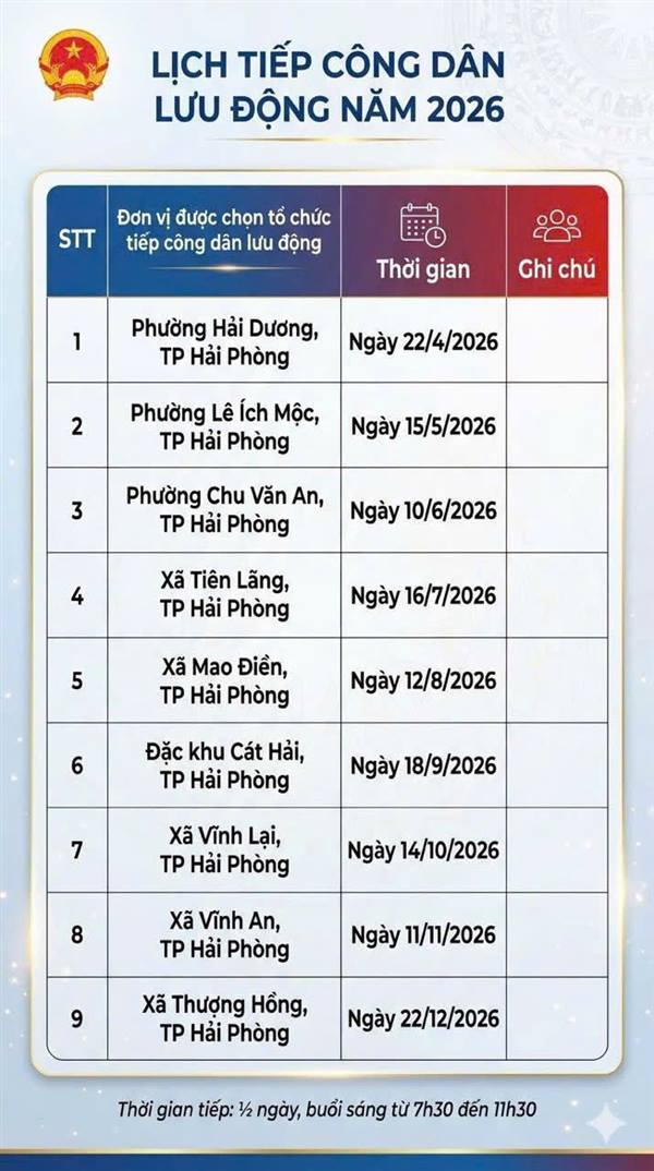 LỊCH TIẾP CÔNG DÂN LƯU ĐỘNG NĂM 2026 