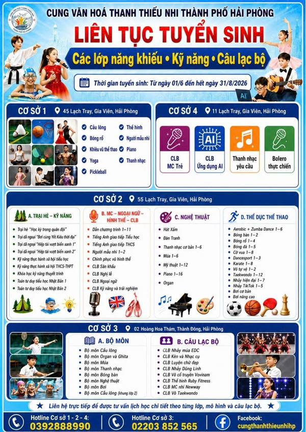 📣 CUNG VĂN HÓA THANH THIẾU NHI THÀNH PHỐ TUYỂN SINH CÁC LỚP NĂNG KHIẾU