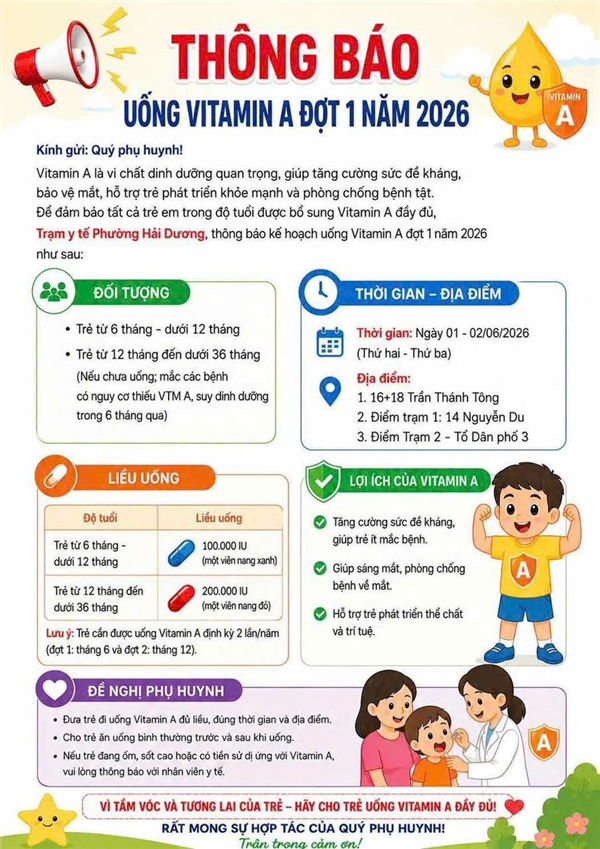 📢 THÔNG BÁO Về việc tổ chức uống Vitamin A đợt 1 năm 2026 cho trẻ em trên địa bàn phường Hải Dương