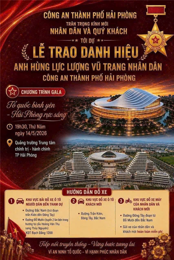🟠 Hướng dẫn đỗ xe Chương trình Ga la “Tổ quốc bình yên - Hải Phòng rực sáng” tối 14/5 tại Quảng trường Trung tâm Chính trị - Hành chính thành phố Hải Phòng