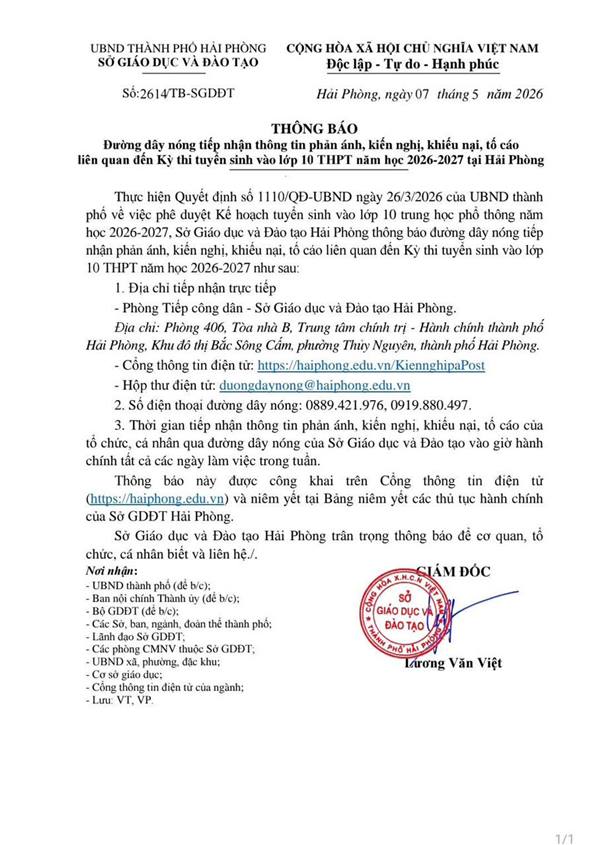 Đường dây nóng tiếp nhận thông tin phản ánh liên quan đến Kỳ thi tuyển sinh vào lớp 10 THPT năm học 2026-2027 tại Hải Phòng