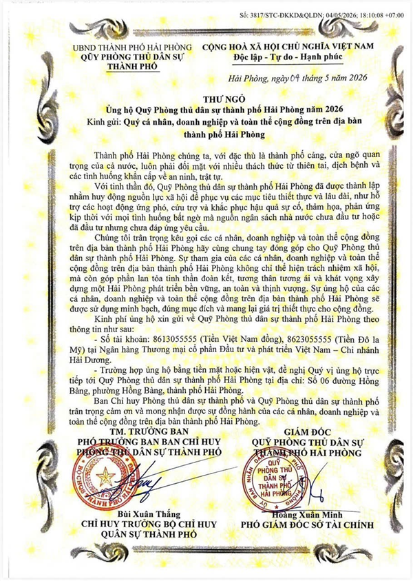 CHUNG TAY ỦNG HỘ QUỸ PHÒNG THỦ DÂN SỰ – VÌ MỘT HẢI PHÒNG AN TOÀN, PHÁT TRIỂN