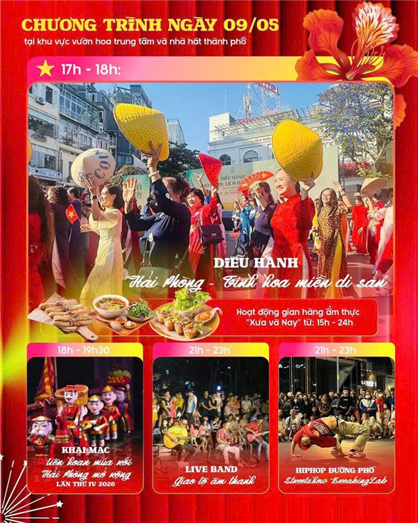 LỄ HỘI HOA PHƯỢNG ĐỎ - HẢI PHÒNG 2026. CHƯƠNG TRÌNH NGÀY 09/5/2026 (TẠI KHU VỰC VƯỜN HOA TRUNG TÂM VÀ NHÀ HÁT THÀNH PHỐ)