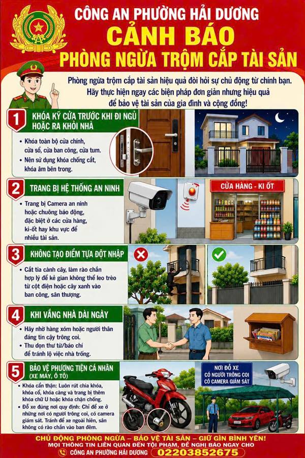 CÔNG AN PHƯỜNG HẢI DƯƠNG CẢNH BÁO: PHÒNG NGỪA TRỘM CẮP TÀI SẢN
