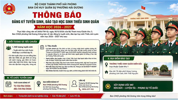 THÔNG BÁO TUYỂN SINH, ĐÀO TẠO HỌC SINH THIẾU SINH QUÂN NĂM HỌC 2026 - 2027 