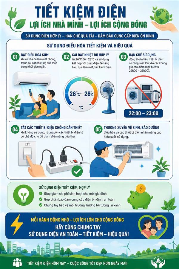 CHUNG TAY SỬ DỤNG ĐIỆN TIẾT KIỆM, HIỆU QUẢ GÓP PHẦN ĐẢM BẢO CUNG CẤP ĐIỆN ỔN ĐỊNH TRONG MÙA NẮNG NÓNG