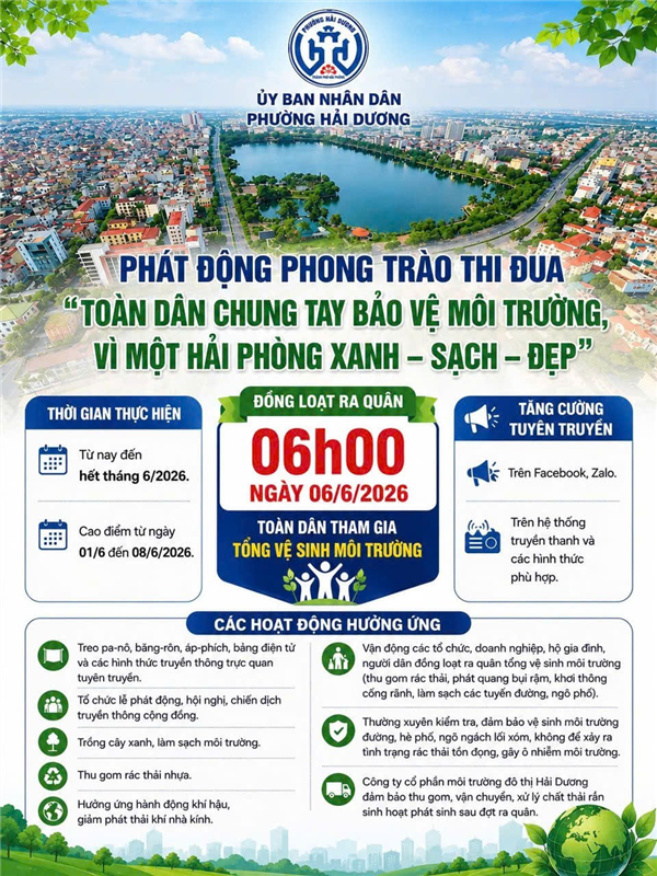 PHƯỜNG HẢI DƯƠNG PHÁT ĐỘNG PHONG TRÀO THI ĐUA “TOÀN DÂN CHUNG TAY BẢO VỆ MÔI TRƯỜNG, VÌ MỘT HẢI PHÒNG XANH – SẠCH – ĐẸP”