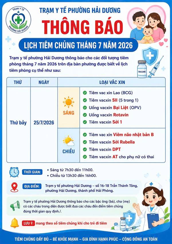 Trạm Y tế phường Hải Dương thông báo lịch tiêm chủng tháng 7