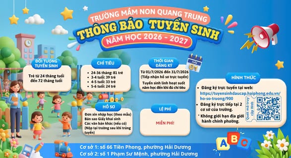 TRƯỜNG MẦM NON QUANG TRUNG THÔNG BÁO TUYỂN SINH NĂM HỌC 2026 – 2027