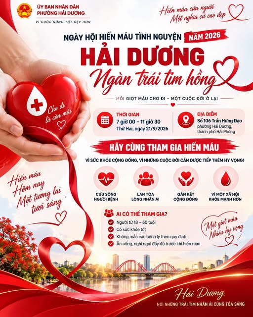 SÁNG MAI 21/9 – MỜI NHÂN DÂN THAM GIA NGÀY HỘI “HẢI DƯƠNG NGÀN TRÁI TIM HỒNG” NĂM 2026