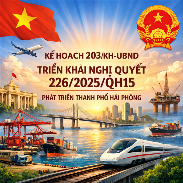 Kế hoạch số 203/KH-UBND ngày 18/8/2025 của Ủy ban nhân dân thành phố Hải Phòng về việc triển khai thực hiện Nghị quyết số 226/2025/QH15 của Quốc hội về thí điểm một số cơ chế, chính sách đặc thù phát triển thành phố Hải Phòng