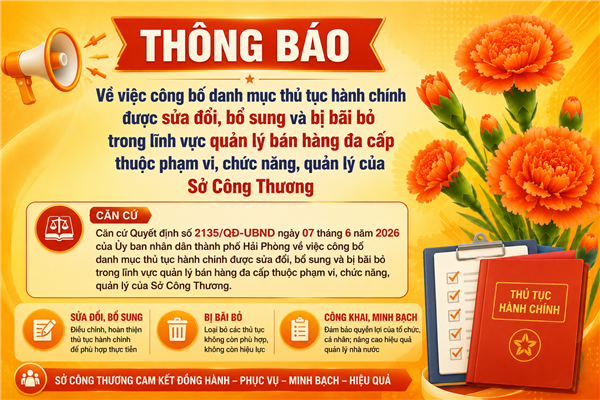 THÔNG BÁO Về việc công bố danh mục thủ tục hành chính được sửa đổi, bổ sung và bị bãi bỏ trong lĩnh vực quản lý bán hàng đa cấp thuộc phạm vi, chức năng, quản lý của Sở Công Thương