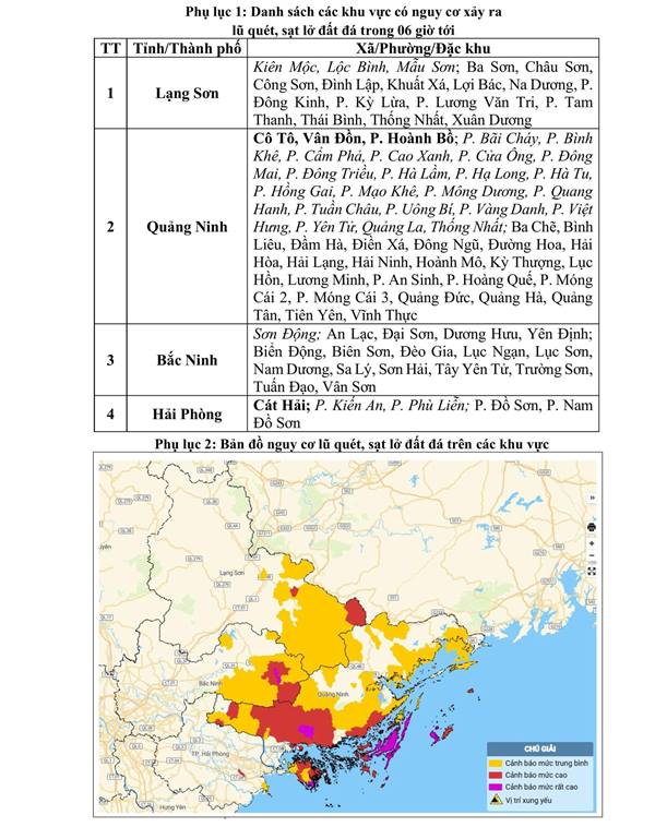 TIN CẢNH BÁO LŨ QUÉT, SẠT LỞ ĐẤT DO MƯA LŨ TẠI CÁC TỈNH LẠNG SƠN, QUẢNG NINH, BẮC NINH VÀ THÀNH PHỐ HẢI PHÒNG