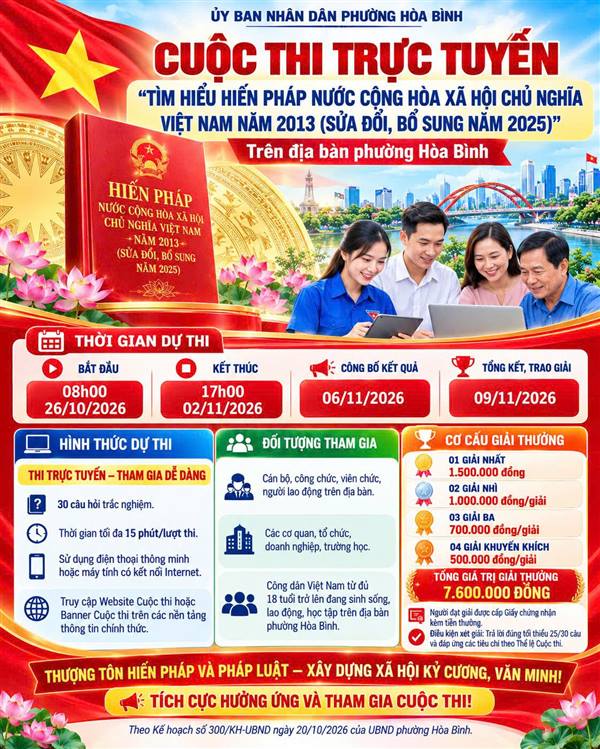 KẾ HOẠCH Tổ chức Cuộc thi trực tuyến “Tìm hiểu Hiến pháp nước Cộng hòa xã hội chủ nghĩa Việt Nam năm 2013 (sửa đổi, bổ sung năm 2025)” trên địa bàn phường Hòa Bình