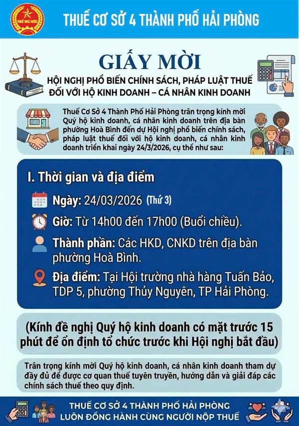 Thuế cơ sở 4 thành phố Hải Phòng mời dự hội nghị phổ biến chính sách, pháp luật Thuế đối với hộ kinh doanh -cá nhân kinh doanh.
