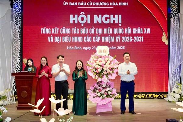 Ủy ban Bầu cử phường Hòa Bình tổ chức Hội nghị tổng kết công tác bầu cử đại biểu Quốc hội khóa XVI và đại biểu HĐND các cấp, nhiệm kỳ 2026–2031.