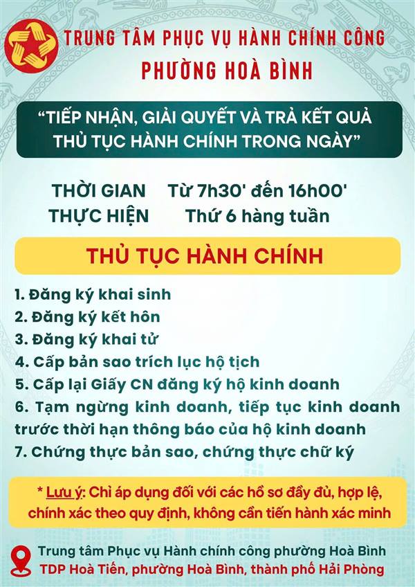 Tiếp nhận, giải quyết và trả kết quả thủ tục hành chính trong ngày” tại Trung tâm Phục vụ hành chính công phường.
