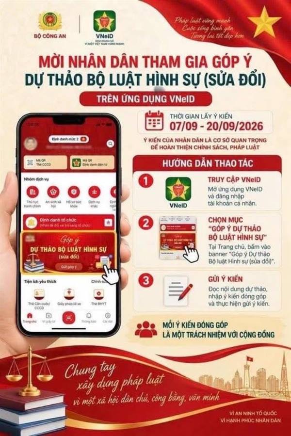 Tham gia góp ý về dự thảo Bộ luật Hình sự (sửa đổi) trên VneID.