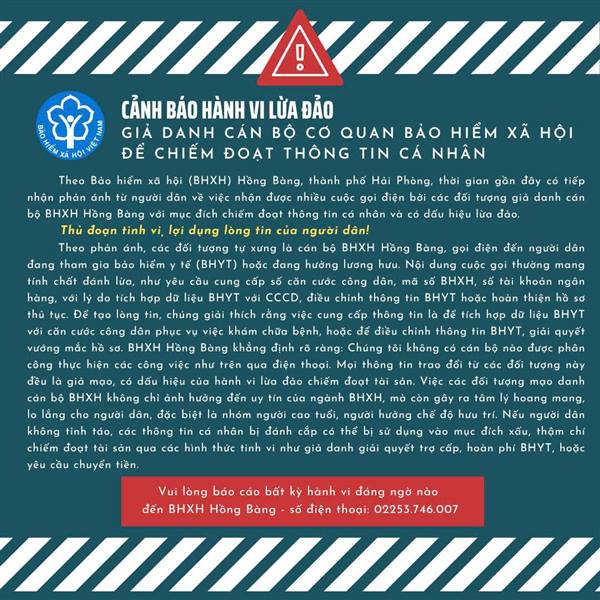 Thông tin về cảnh báo hành vi lừa đảo giả danh cán bộ cơ quan bảo hiểm xã hội để chiếm đoạt thông tin cá nhân