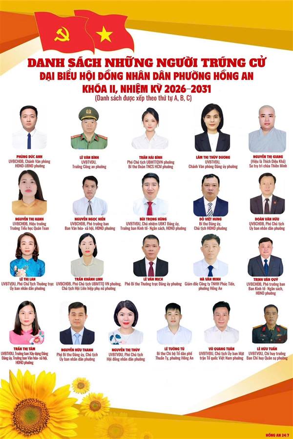 Công bố danh sách những người trúng cử đại biểu Hội đồng nhân dân phường Hồng An khoá II, nhiệm kỳ 2026-2031
