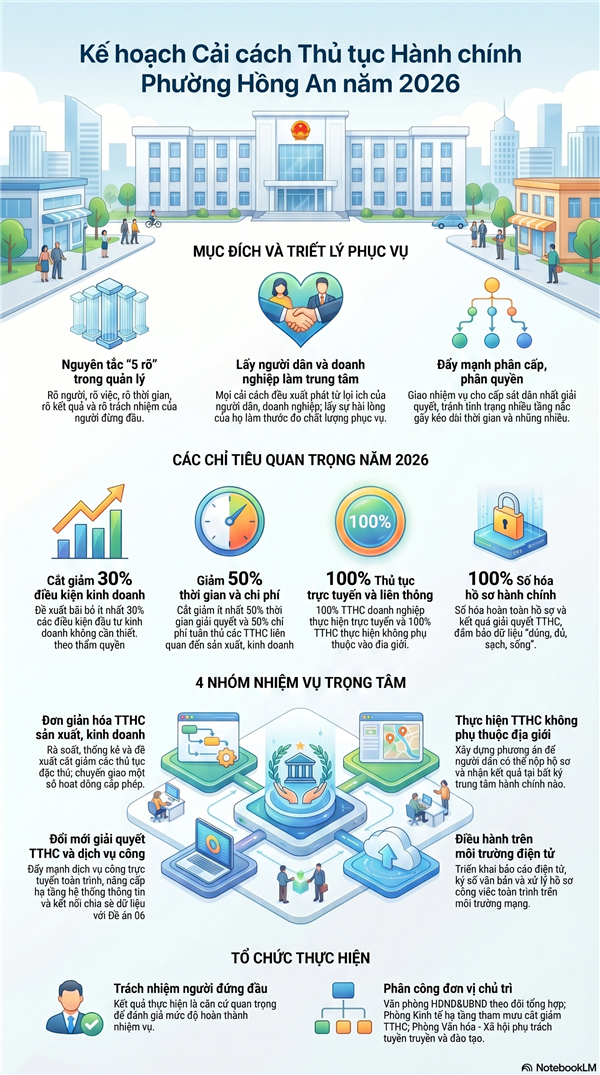 UBND phường thông tin Kế Hoạch Cải cách thủ tục hành chính trọng tâm và cắt giảm, đơn giản hóa thủ tục hành chính liên quan hoạt động sản xuất, kinh doanh trên địa bàn phường Hồng An năm 2026