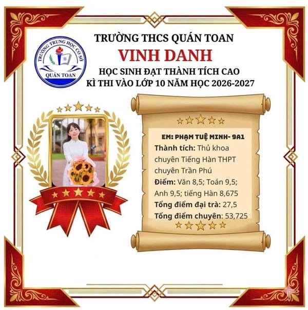 BẢNG VÀNG THÀNH TÍCH RỰC RỠ TRONG KỲ THI VÀO LỚP 10 THPT NĂM HỌC 2026 – 2027