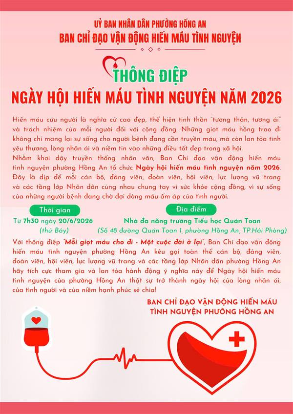 Thông điệp ngày hội hiến máu tình nguyện năm 2026 của Ban chỉ đạo vận động hiến máu tình nguyện phường Hồng An