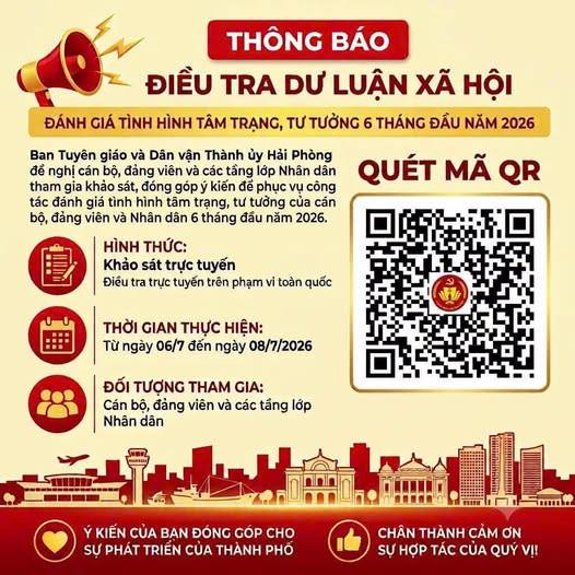 ĐIỀU TRA DƯ LUẬN XÃ HỘI TRỰC TUYẾN VỀ TÌNH HÌNH TÂM TRẠNG, TƯ TƯỞNG CỦA CÁN BỘ, ĐẢNG VIÊN VÀ NHÂN DÂN 6 THÁNG ĐẦU NĂM 2026.