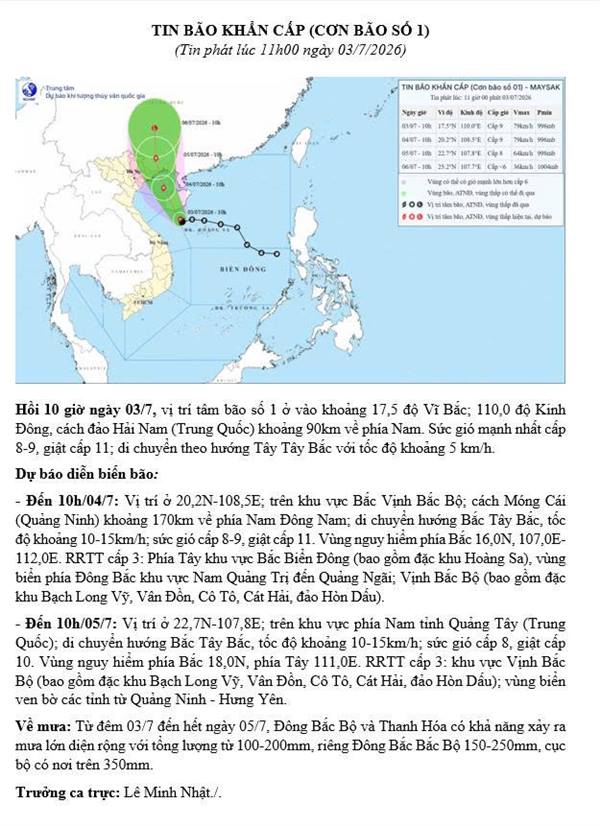 TIN BÃO KHẨN CẤP (CƠN BÃO SỐ 1).