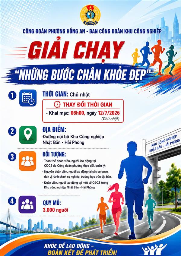 PHƯỜNG HỒNG AN THÔNG BÁO THAY ĐỔI THỜI GIAN TỔ CHỨC GIẢI CHẠY TẬP THỂ "NHỮNG BƯỚC CHÂN KHOẺ ĐẸP" TRONG CÁN BỘ, ĐOÀN VIÊN, NGƯỜI LAO ĐỘNG.