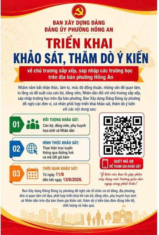 Ban Xây dựng Đảng Đảng ủy phường Hồng An triển khai khảo sát, thăm dò ý kiến về chủ trương sắp xếp, sáp nhập các trường học trên địa bàn phường Hồng An.