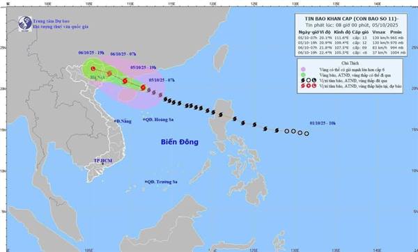 Bão số 11 đang trong giai đoạn mạnh nhất, cường độ hiện tại cấp 13, di chuyển 25km/h.