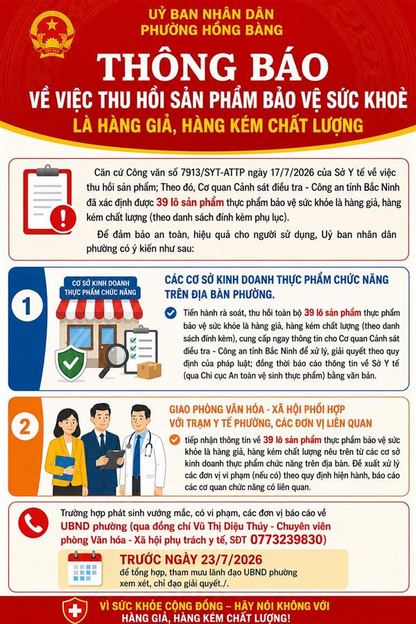 THÔNG BÁO VỀ VIỆC THU HỒI  SẢN PHẨM BẢO VỆ SỨC KHOẺ LÀ HÀNG GIẢ, HÀNG KÉM CHẤT LƯỢNG