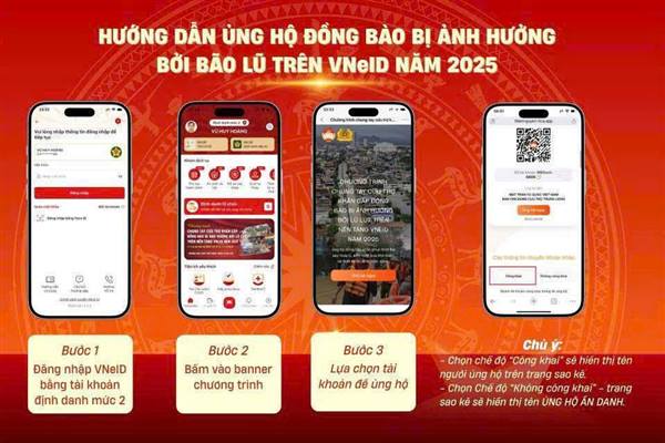  Người dân có thể ủng hộ đồng bào vùng bị ảnh hưởng bởi bão lũ trực tiếp trên nền tảng định danh điện tử VNeID